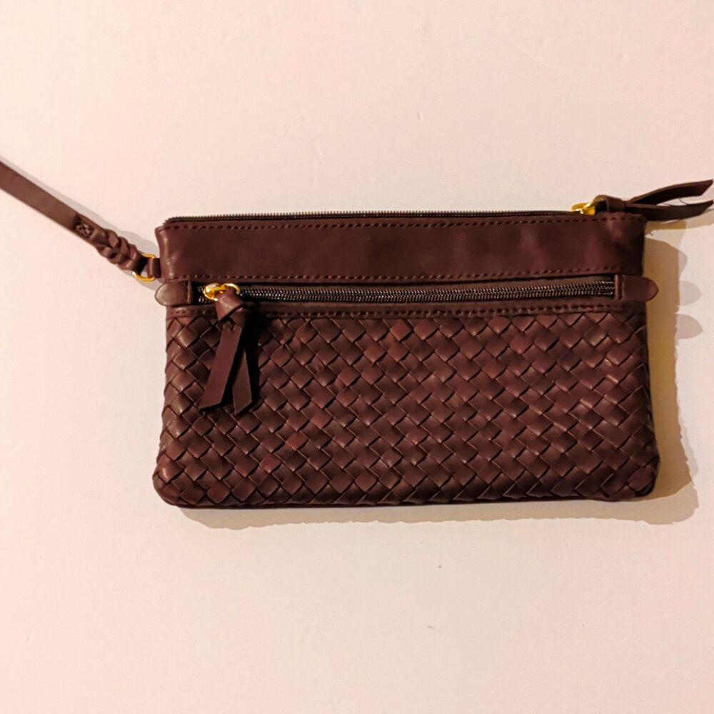 Margot Brown Woven Wristlet Zip Pouch Wrist Strap Lined Gold Hardware